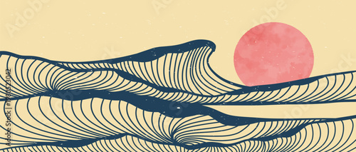 Ocean wave landscape illustration. Creative minimalist modern line art print. Abstract contemporary aesthetic backgrounds landscapes. with Ocean, sea, skyline, wave and sunset