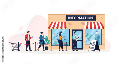 group of diverse people wearing face masks and maintaining social distance while queuing outside a store or information center.