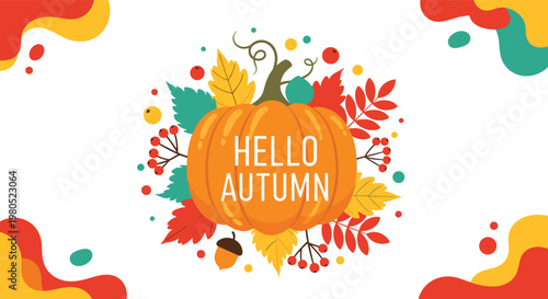 festive hello autumn greeting card featuring a large orange pumpkin surrounded by vibrant fall leaves, berries, and acorns.