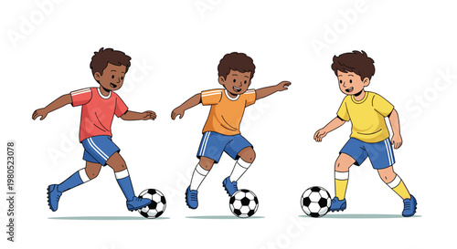 group of three young boys with different ethnic backgrounds happily playing soccer and dribbling footballs on a white background.