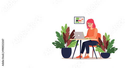 young woman with pink hair working on a laptop at her desk surrounded by lush green houseplants in a bright home office.