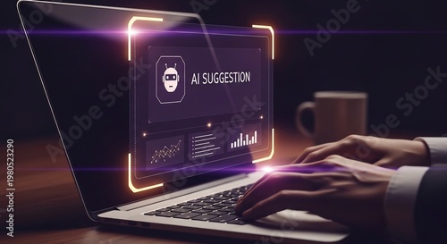 Businessman using laptop with glowing purple AI suggestion interface, artificial intelligence, machine learning, smart recommendation concept
