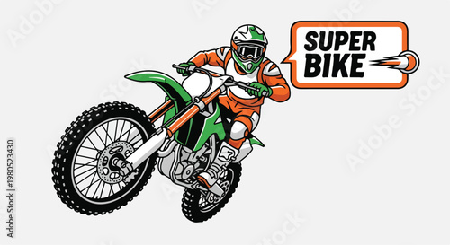Motocross rider jumping on super bike, off-road dirt bike vector illustration, extreme sports motorcycle racing mascot with green and orange gear