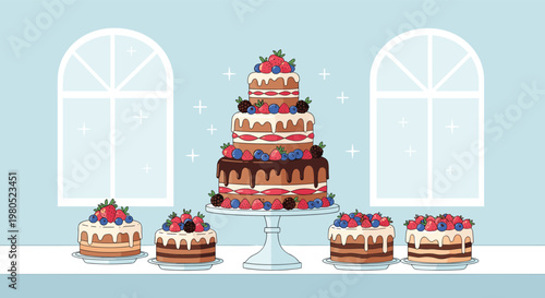 grand multi-tiered wedding or celebration cake decorated with fresh berries and chocolate drips on a white table with windows.