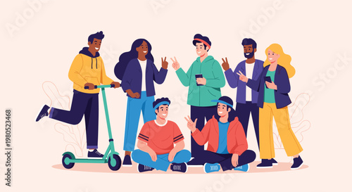 group of diverse teenage friends hanging out together, smiling, and making peace signs in a trendy and positive flat illustration.