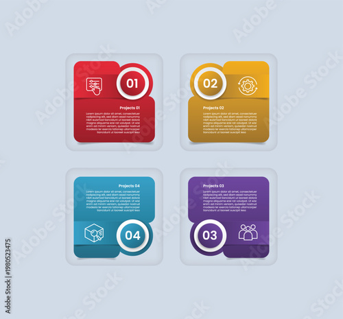 square base shape infographic with glossy gradient style with folder shape with circle badge on quadrant structure with four segment information