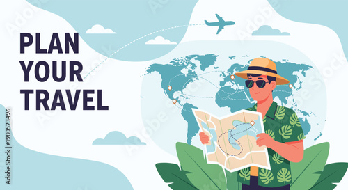 man planning his next adventure while looking at a map with a world globe and flight paths in the background for travel.