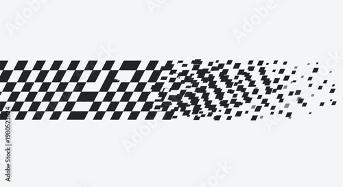 Abstract dynamic checkered flag motion effect with pixel dispersion for racing and speed concepts in black and white vector