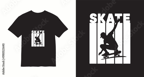 Minimalist skate silhouette tshirt design with vertical stripes and urban style.
