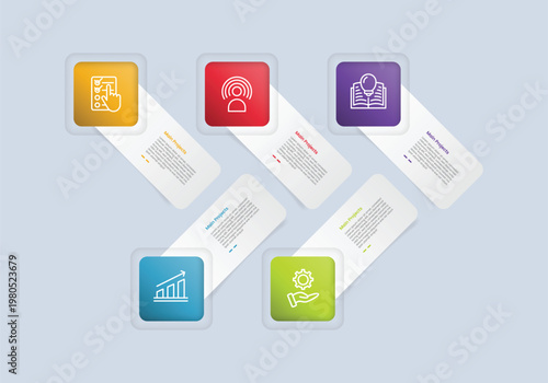square base shape infographic with glossy gradient style with skew rectangle tilt shape side by side with five segment information