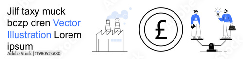 Environmental issues, economy, industrial practices, gender equality, financial balance, business strategy. Factory emitting smoke, pound symbol balanced scales. Economy and environmental issues