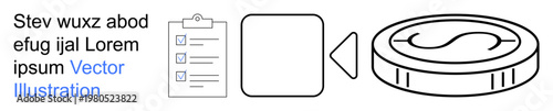 Finance, digital transactions, budgeting, monetary management, business workflow, data visualization. A checklist, square icon arrow and coin symbol. Finance and digital transactions concept