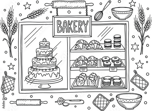 Hand drawn bakery shop illustration with cakes bread pastries and kitchen tools doodle style vector design