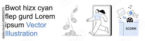 Education technology, digital finance, online courses, knowledge sharing, content management, e-learning tools. A person stepping out of a device, SCORM box and coin falling. Education technology