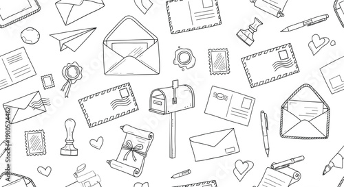 Hand drawn mail elements seamless pattern with envelopes letters stamps and postal doodles vector background design