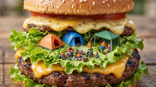 Miniature Camping Scene in a Delicious Cheeseburger Setting