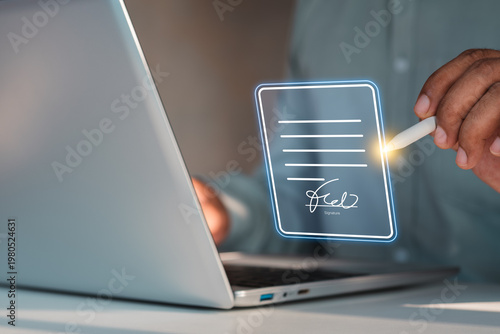 Bilde på lerret Digital signature authentication, stylus signing document on virtual screen, sec