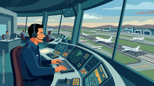 Air Traffic Controller Monitoring Airport Operations Illustration