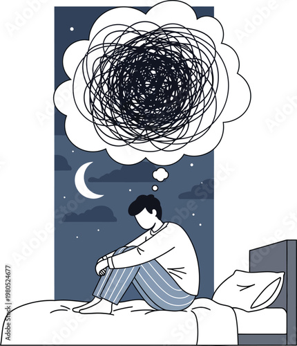 Depressed man sitting on bed with tangled thoughts bubble, insomnia and mental health concept, man struggling with anxiety and stress at night, flat vector illustration.