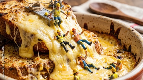Tiny Construction Workers Sliding Down Melted Cheese on Bread