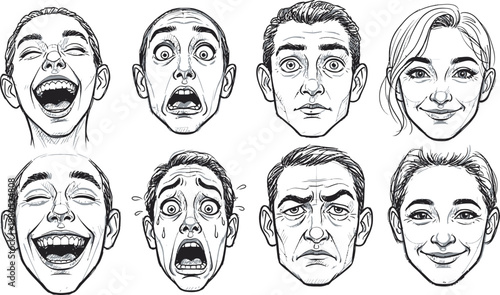 Set of human facial expressions featuring varied emotions including joy shock and sadness in detailed black and white sketch