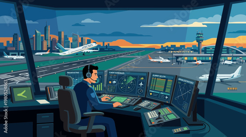 Air Traffic Controller Monitoring Flights in Control Tower Illustration