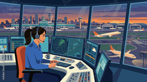 Air Traffic Controller Working in Airport Tower at Sunset Illustration