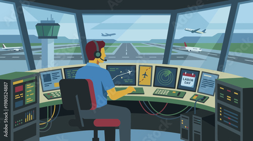 Air Traffic Controller Working in Airport Control Tower Illustration