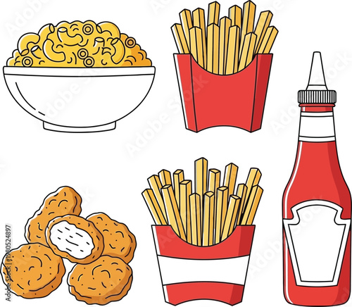Fast Food Dinner Set with Macaroni and Cheese, French Fries, Chicken Nuggets, and Ketchup Illustration