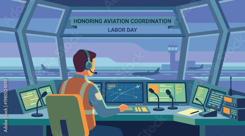 Air Traffic Controller Working in Airport Tower Labor Day Illustration