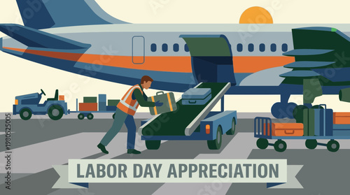 Labor Day Appreciation Illustration of Ground Crew Loading Airplane