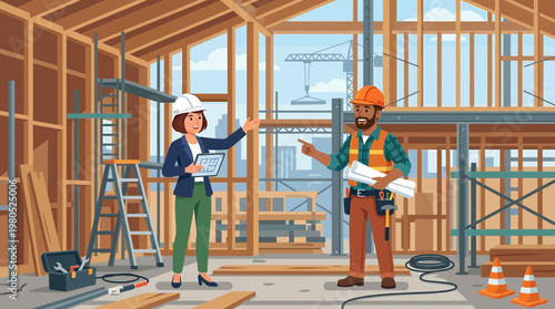 Architect and Builder Discussing House Project on Construction Site