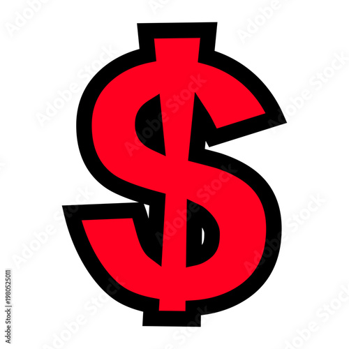ドル記号「$」の文字パーツ。黒太フチと赤文字のポップなアイコン。価格表示・セール・投資用。