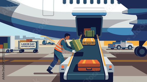 Airport Baggage Handler Loading Luggage into Airplane Cargo