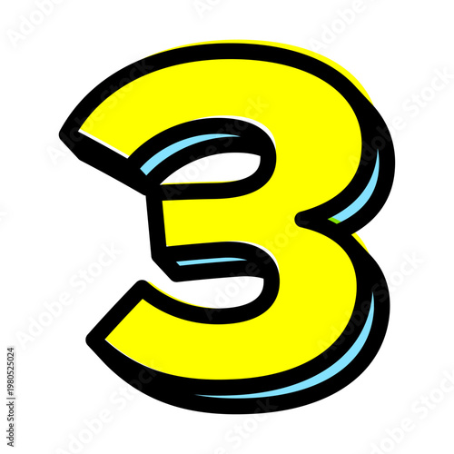 ポップな数字の「3」単体素材。黒太フチと黄色文字のアメコミ風フォント。セール・価格用。