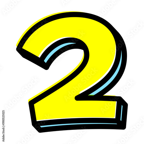 ポップな数字の「2」単体素材。黒太フチと黄色文字のアメコミ風フォント。セール・価格用。