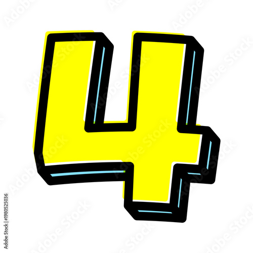 ポップな数字の「4」単体素材。黒太フチと黄色文字のアメコミ風フォント。セール・価格用。