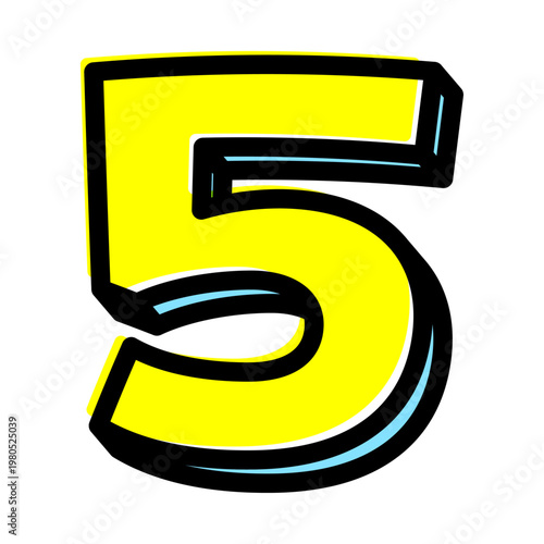 ポップな数字の「5」単体素材。黒太フチと黄色文字のアメコミ風フォント。セール・価格用。