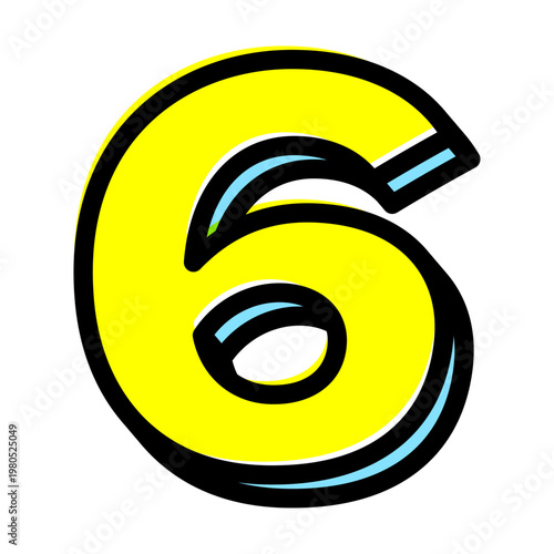 ポップな数字の「6」単体素材。黒太フチと黄色文字のアメコミ風フォント。セール・価格用。