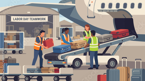 Airport Ground Crew Loading Luggage onto Airplane for Labor Day