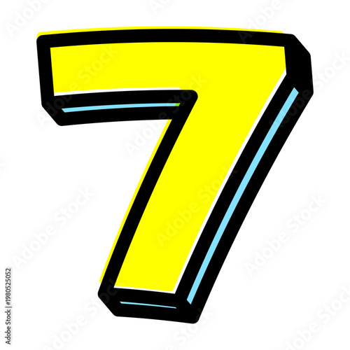 ポップな数字の「7」単体素材。黒太フチと黄色文字のアメコミ風フォント。セール・価格用。