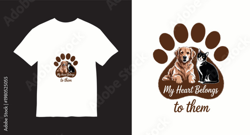 My heart belongs to them pet paw print with dog and cat illustration.