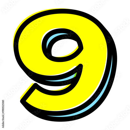 ポップな数字の「9」単体素材。黒太フチと黄色文字のアメコミ風フォント。セール・価格用。