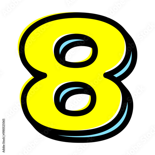 ポップな数字の「8」単体素材。黒太フチと黄色文字のアメコミ風フォント。セール・価格用。