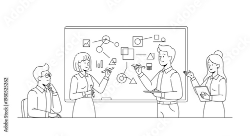 Business people discussing on whiteboard.