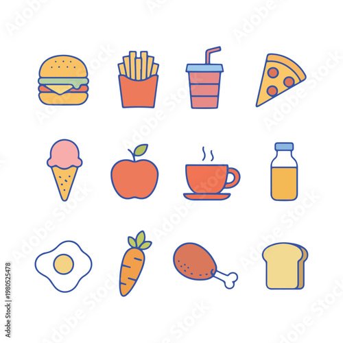 Fast Food Icons Set Burger, Fries, Pizza, Drink, Ice Cream, Apple, Coffee, Milk, Egg, Carrot