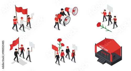 Flat vector illustrations of workers protesting on Labor Day with solidarity and union flags