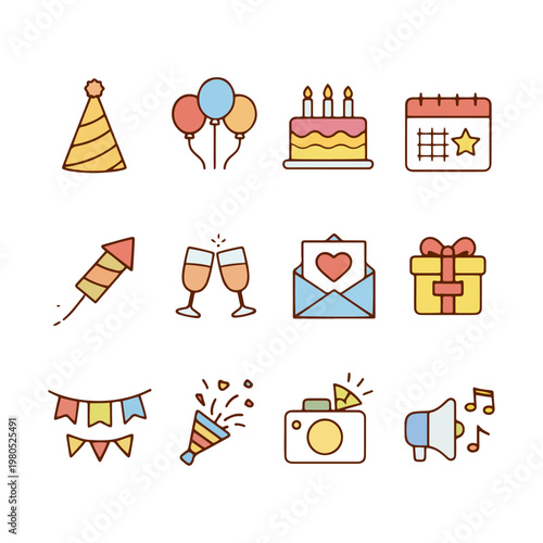 Birthday Party Icons Set Cake, Balloons, Gift, Fireworks, Confetti, Camera, Megaphone