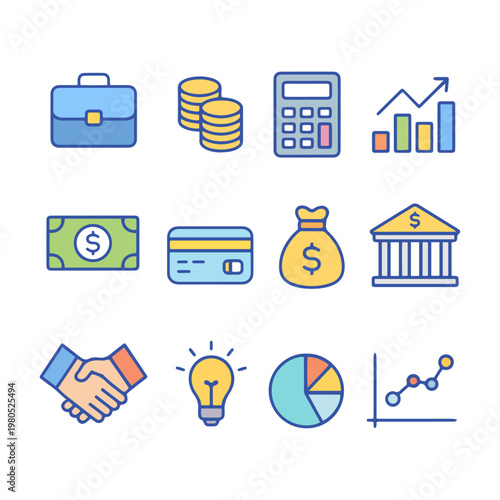 Finance Icons Briefcase, Coins, Calculator, Graph, Money, Card, Bag, Bank, Handshake, Lightbulb