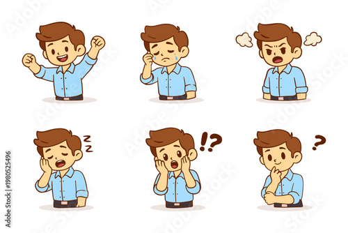 Man Expressing Different Emotions Happy, Sad, Angry, Sleeping, Surprised, Thinking